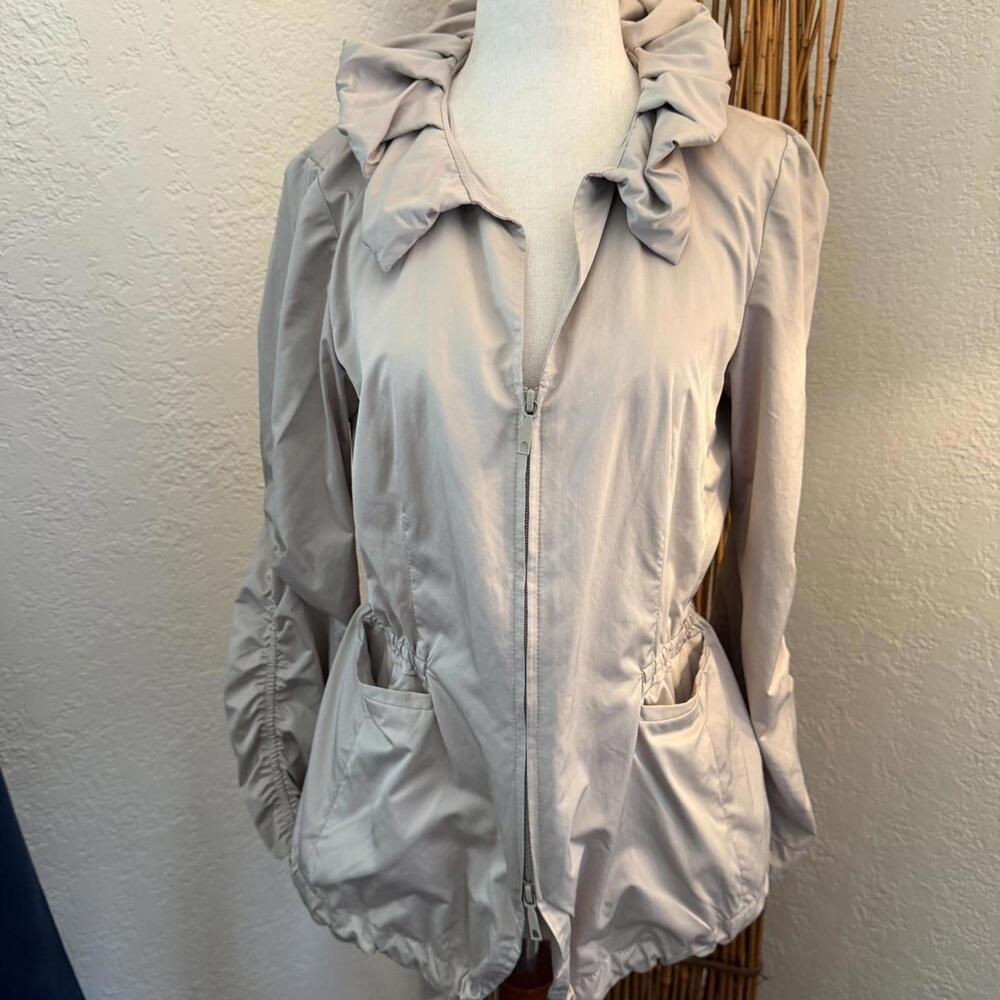 Cream/tan Lafayette 148 jacket with ruffle collar and pockets #rufflecollar